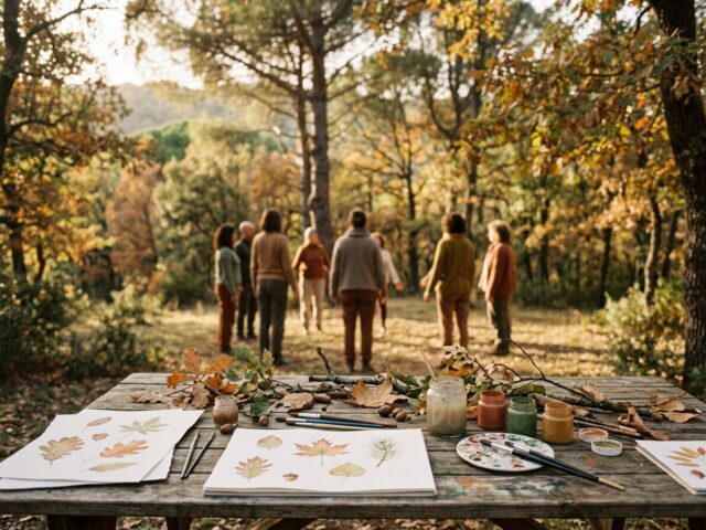 Un tavolo di legno nel bosco in autunno con disegni di foglie ad acquerello e barattoli di colore; sullo sfondo, sfocato, un gruppo di persone di spalle che fa movimento insieme fra gli alberi