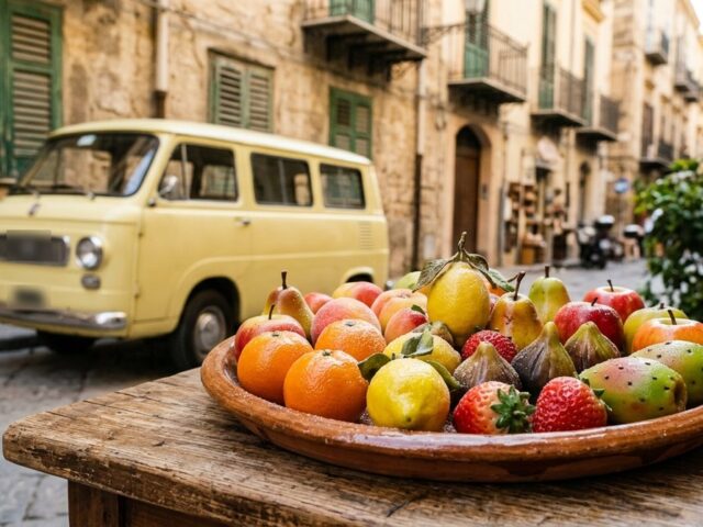 Vassoio di frutta di Martorana su un tavolo di legno in una strada del centro storico di Palermo, con un pulmino giallo sullo sfondo