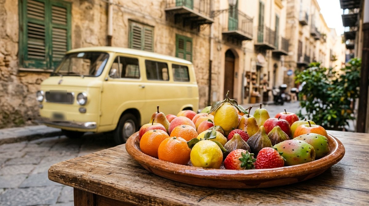 Vassoio di frutta di Martorana su un tavolo di legno in una strada del centro storico di Palermo, con un pulmino giallo sullo sfondo
